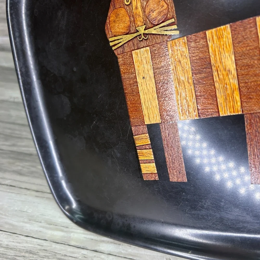 Couroc Of Monterey Serving Tray Hand Inlaid Wood Cat Vintage MCM